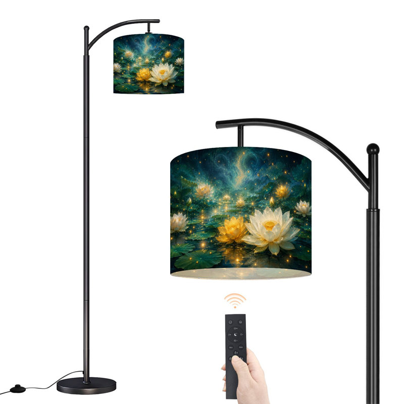  Lampe sur pied à arc Arc blanc éclatant fleurs de lotus bleu sarcelle flottant nuit haute lampe sur pied moderne abat-jour en lin réglable 3 températures de couleur