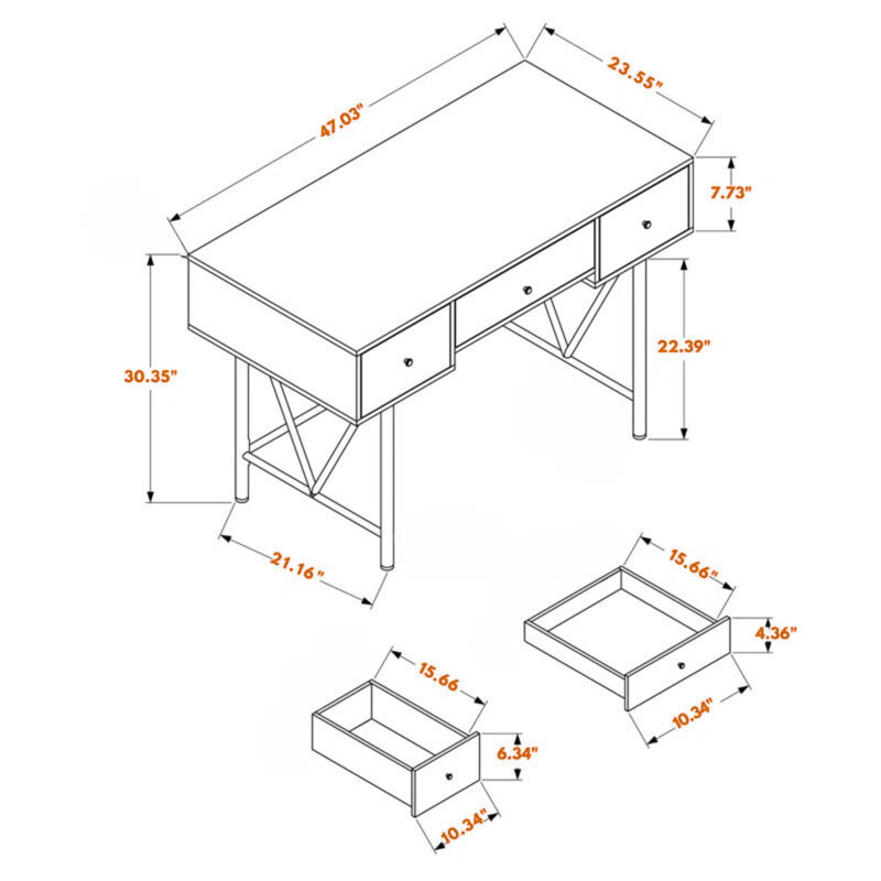 Valencia 2-Drawer Brown Finish Computer Desk With Black Metal Leg, 30.35" H X 47.03" W X 23.55" D