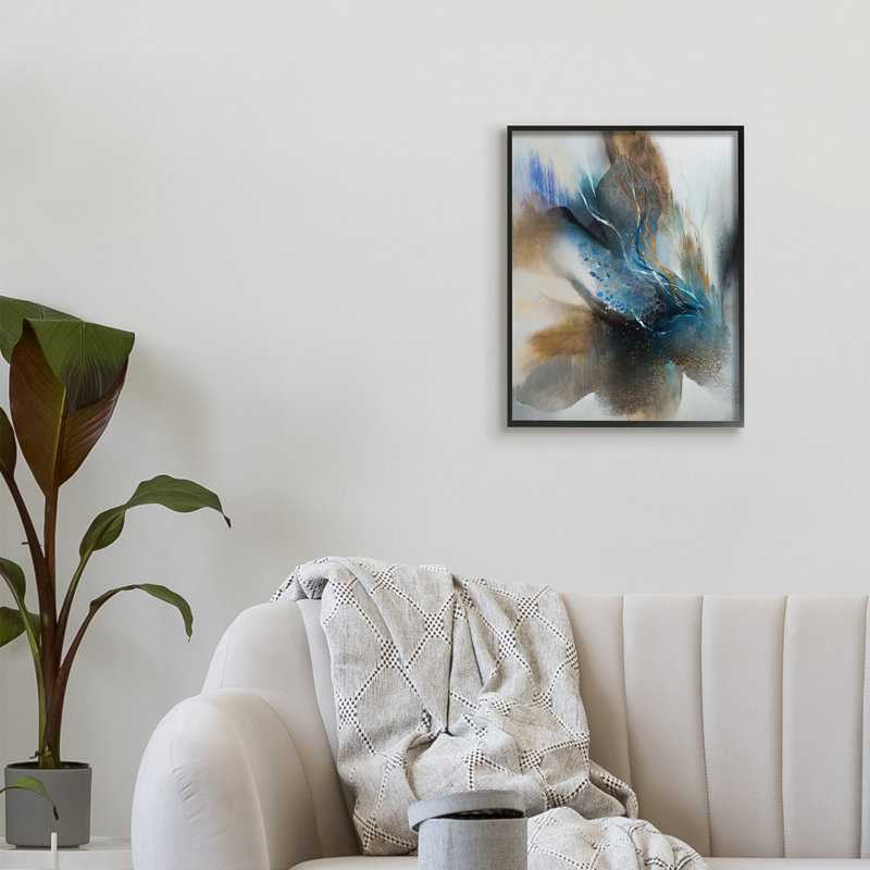 Traduction abstraite d'un oiseau tacheté bleu par K. Nari - impression, H 20 po x l 16 po, Giclée encadrée noir minuit