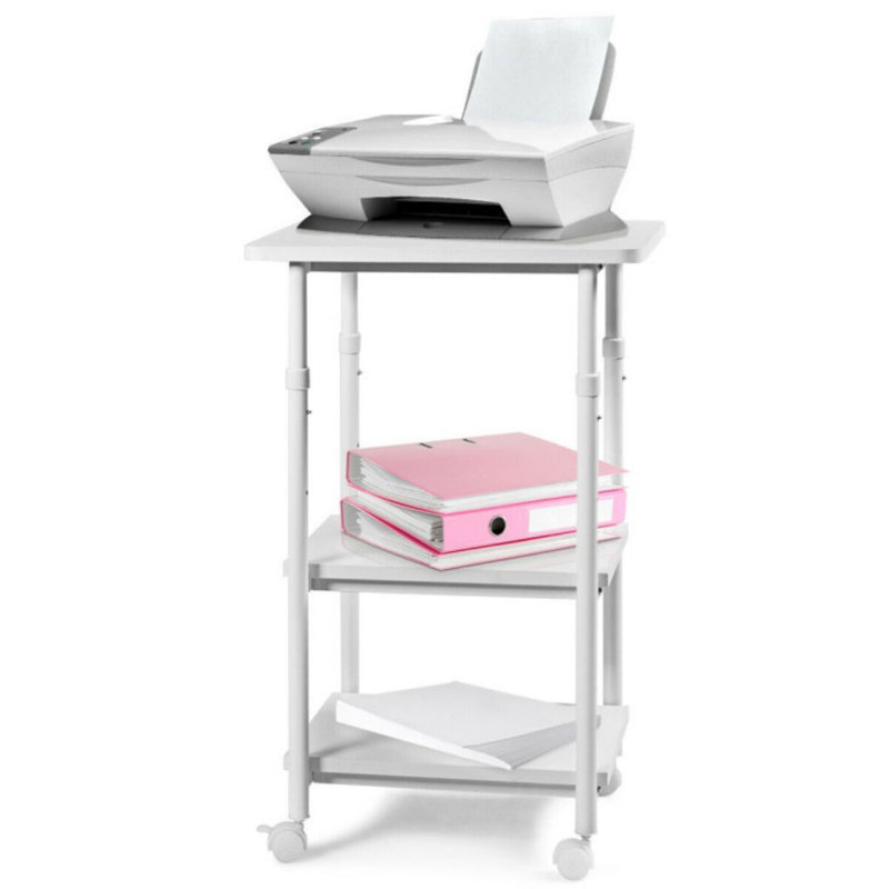 White Adjustable 3-Tier Rolling Printer Cart with Storage Shelves