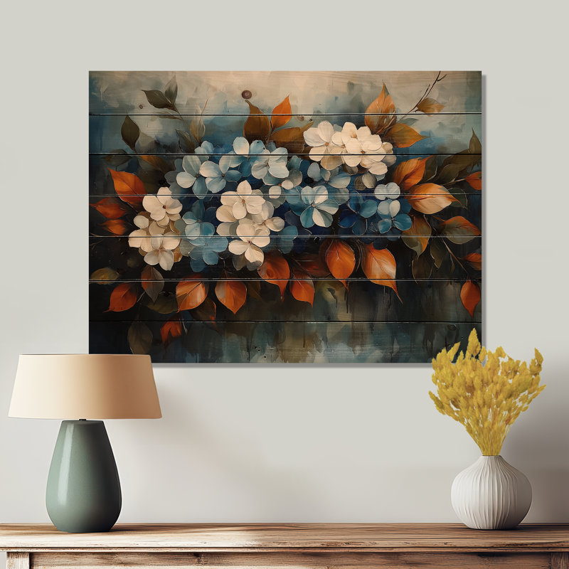 Velours bleu hortensia fleur horizon - impression de bois d'hortensia - sur bois de pin naturel, H 10 po x l 20 po