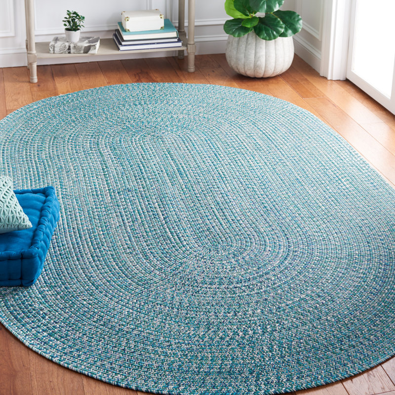 Tapis bleu foncé / ivoire tissé à la main Trombetta, Teal/Green, Ovale 9 pi x 12 pi