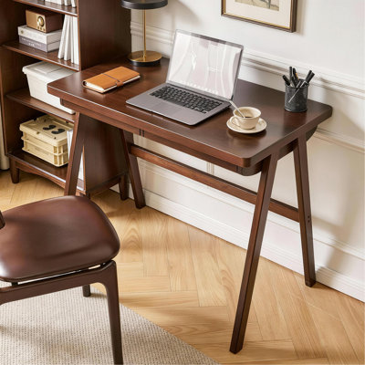 Bureau d'ordinateur 100% bois d'hévéa massif, bureau d'écriture rétro en noyer avec tiroir, structure robuste en A, table d'étude de bureau à domicile standard de 39,37 po x 21,65 po, 0,71 po d'épaisseur