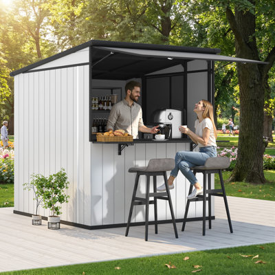 7x6 Ft Outdoor Storage Shed With Foldable Bar Counter & Hydraulic Support Overhang, Backyard Bar Cabana,  Weather-Resistant Shed With Lockable Door For Patio & Lawn,Lean-To Entertainment Shed, Gray