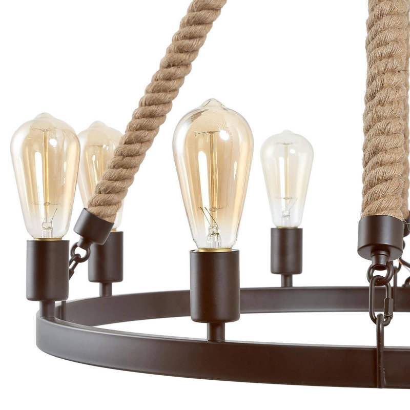 Lustre unique en forme de roue de chariot avec accents de corde à 8 lumières Freddi