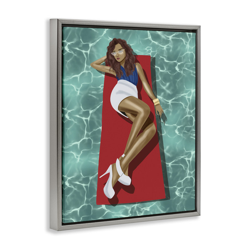 «Lounging on Pool Raft» par Saba Rauf, Cadre flottant gris lustré, H 21 po x l 17 po