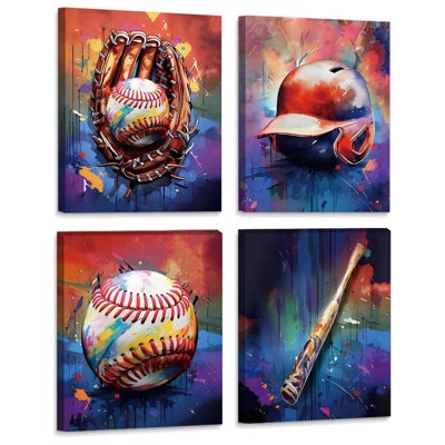 Baseball Wall Art Canvas Prints Boys Bedroom Graffiti Wall Decor,Vintage Framed Art Cool Posters Man Cave Aesthetics Sport Decorations Set Of 4 (8X10 Inch)