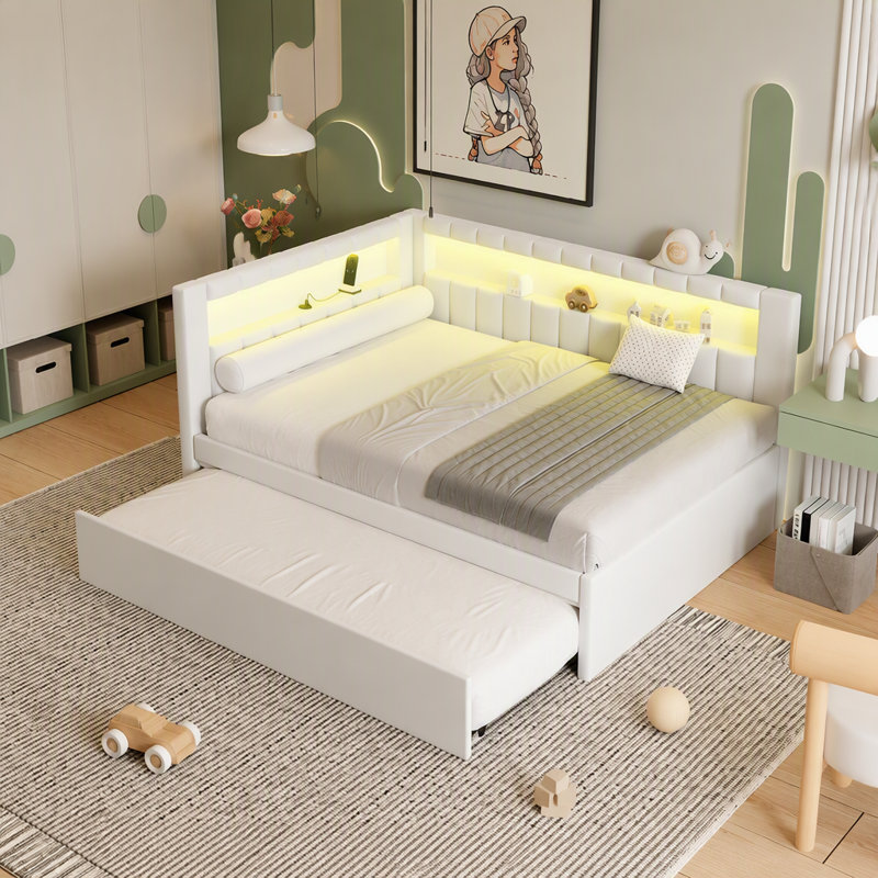 Lit plateforme tapissier pleine grandeur avec ports USB et ceinture à DEL, avec lit gigogne, blanc, Blanc