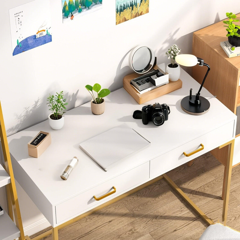 Vanity Desk with 2 Drawers, White/Gold