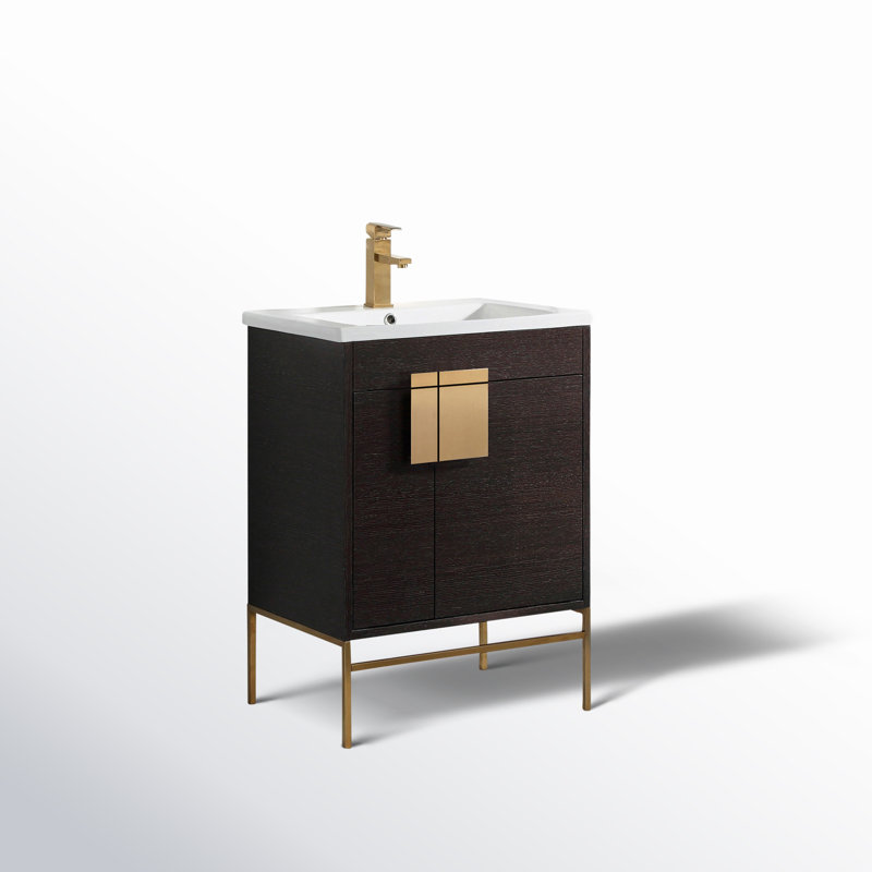 Ensemble de meuble-lavabo simple 24 po Maisie, Laiton satiné, Chêne noir à grain droit