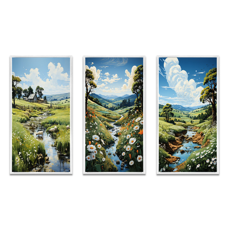 «Countryside Sheep In Pasture», 3 pièces sur toile, Cadre blanc, H 28 po x l 36 po