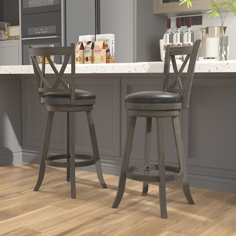 White and Gray Wood Swivel Bar Stools with Upholstered Seat