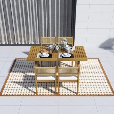 Outdoor Acacia Wood Patio Dining Set,With Thick & Removable Cushions,Breathable Rattan Back,Easy To Install