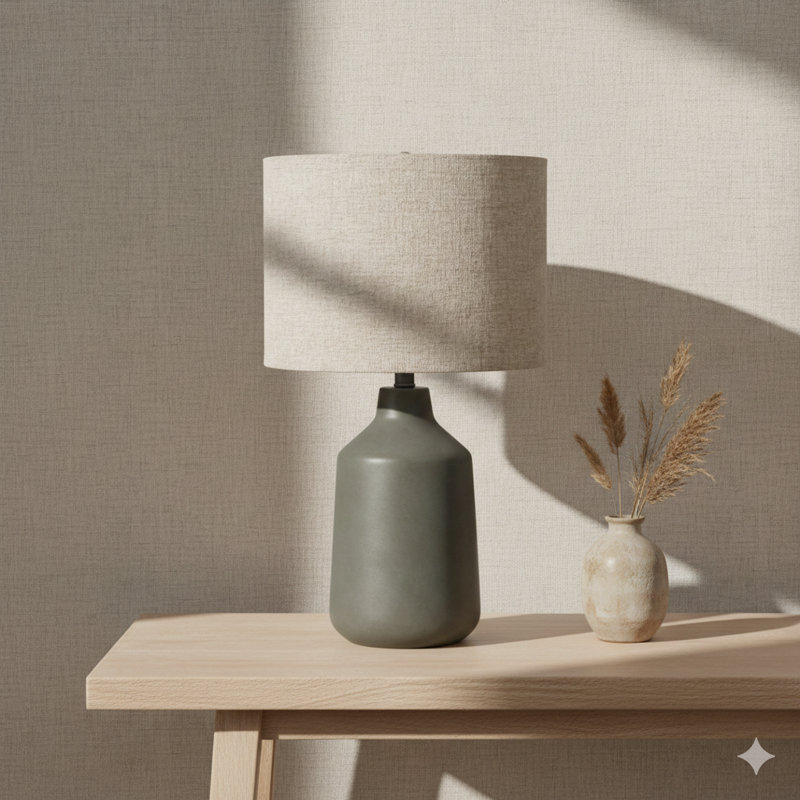 Lighting, H 24 po, lampe de table, béton gris, abat-jour beige, contemporain, Gris, Beige
