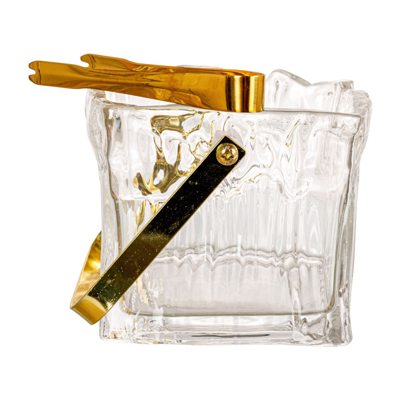 24-Ounce Textured Glass Ice Bucket With Gold Finish Handle And Tongs, Clear/Gold