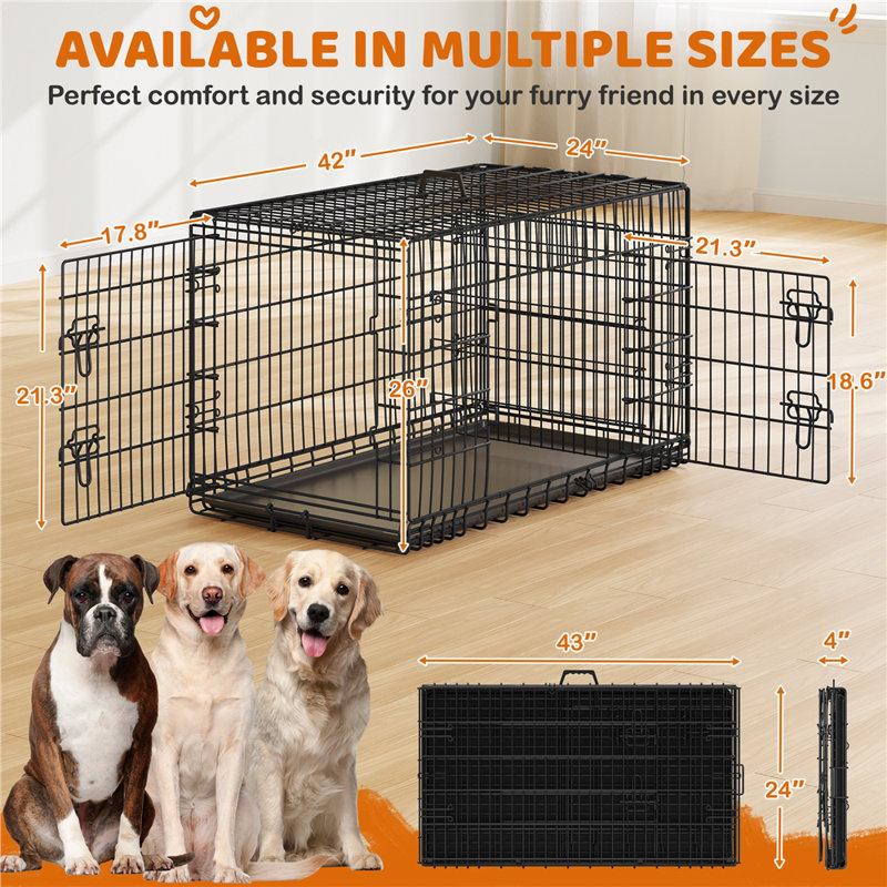 Enhanced Double Doors Dog Crate Includes Divider Panel, Medium (26" H x 42" W x 24" D)