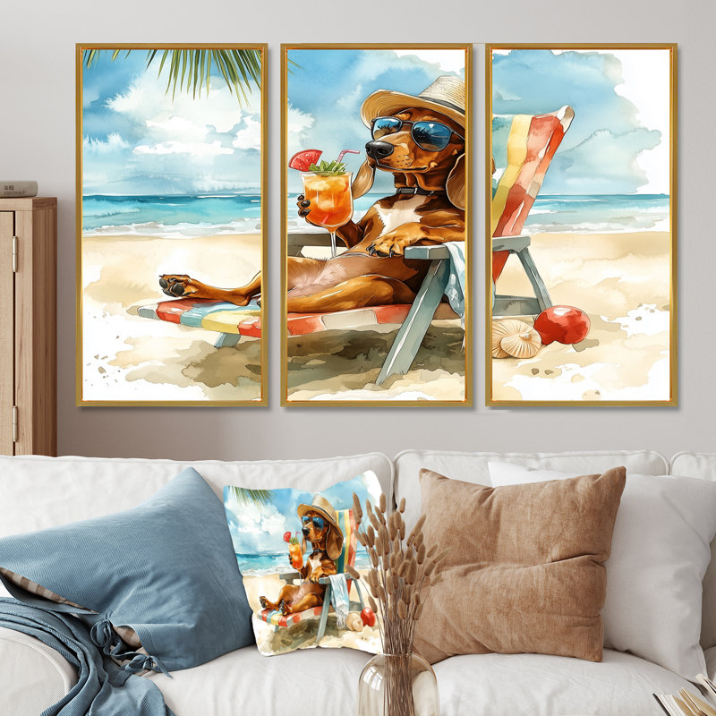 Chien teckel brun sur la plage, "I" - ensemble de reproductions d'art mural animaux côtiers, Toile avec cadre flottant or