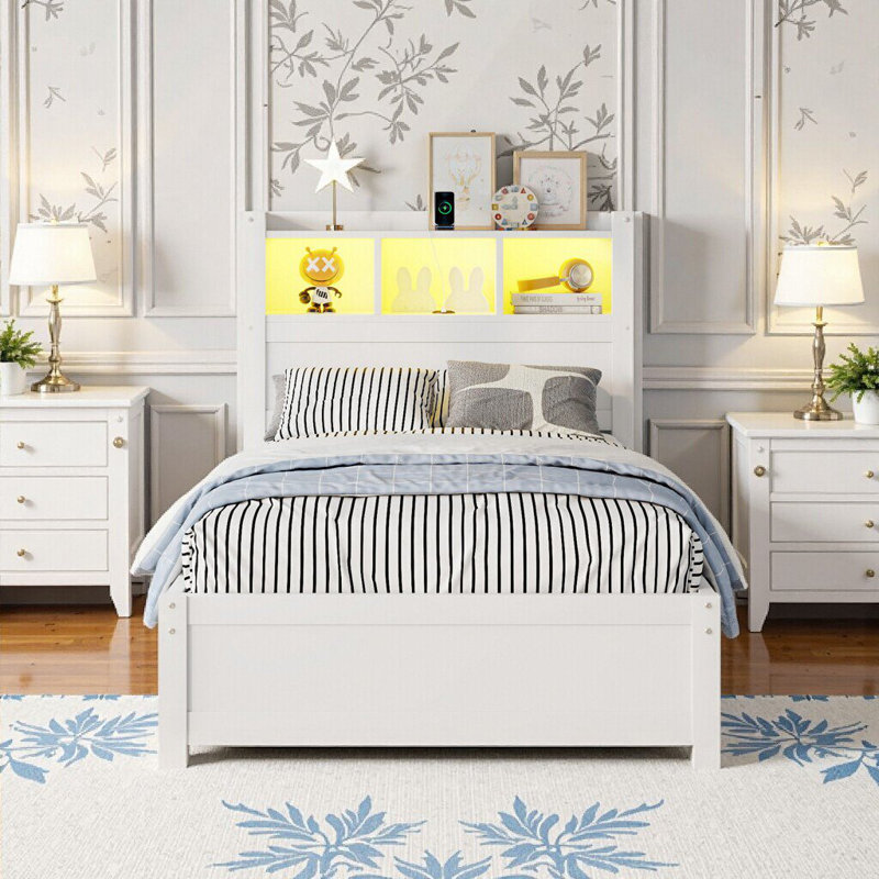 Élégant lit simple blanc avec tiroirs de rangement et lumière DEL - Conception compacte et moderne, Lit simple, Blanc