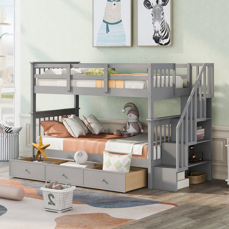 Lit superposé à escalier avec trois tiroirs pour chambre à coucher, dortoir, Gris