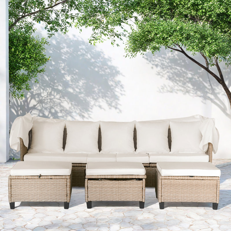 4 Pieces Uv-proof Resin Wicker Patio Sofa Set Included A 4-seat Sofa, 2 Ottomans, A Lifting Table, Retractable Canopy, Cushions And Adjustable Backrest