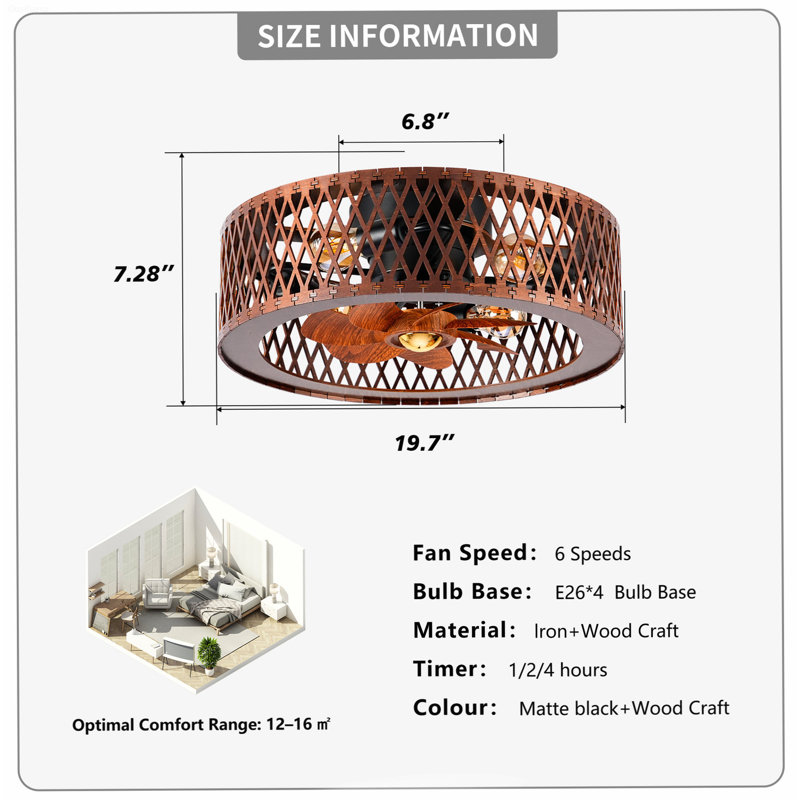 Ventilateur de plafond encastré en cage 20 po avec lumière, fandelier réversible à 6 vitesses avec télécommande Farmhouse, noyer foncé