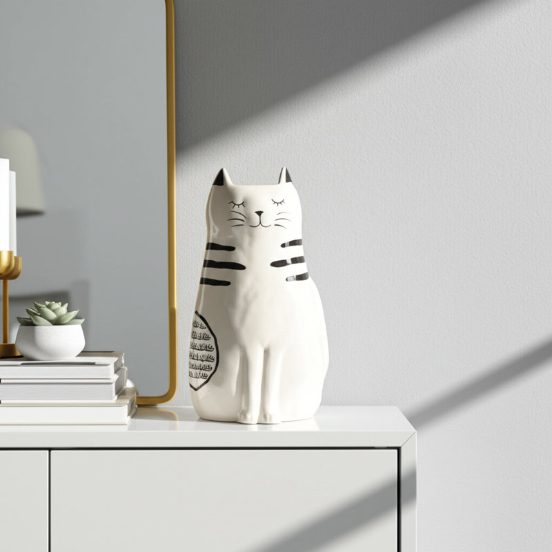Black and White Ceramic Cat Figurine, 11" H x 6" W x 6" D