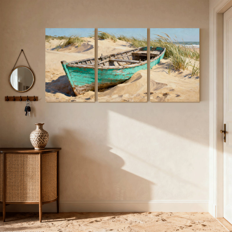 Nautique et plage, vieux bateau sur une plage de sable avec dunes, ensemble de 3 impressions sur toile, L 24 po x l 48 po