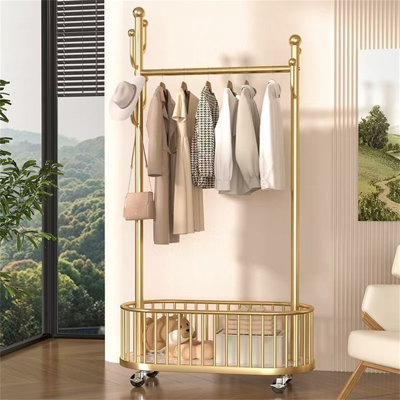 Gold Metal Floor Standing Coat Rack – Luxe Modern Bedroom Clothing Organizer with Wheels, Mobile Storage Rack