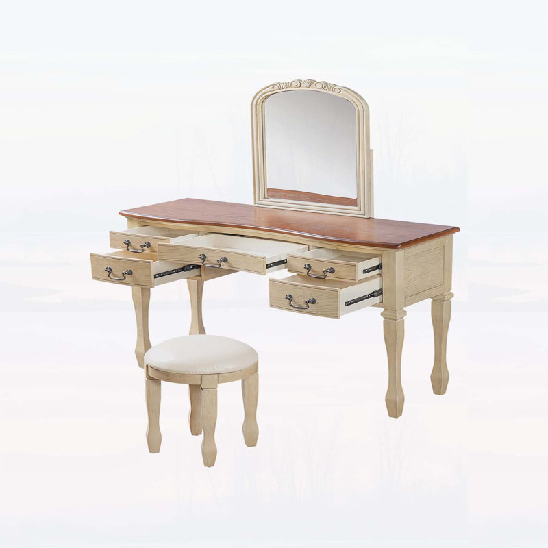 Coiffeuse de maquillage rétro avec miroir à cadre de fleurs courbé, 5 tiroirs et tabouret en cuir, pieds en bois massif pour un décor de chambre à coucher élégant