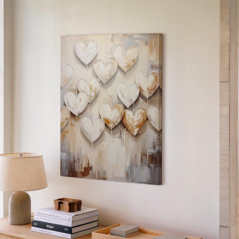 Toile, art mural, cœur rustique, grappes de coeurs sur fond neutre, prêt à accrocher, galerie, décoration moderne