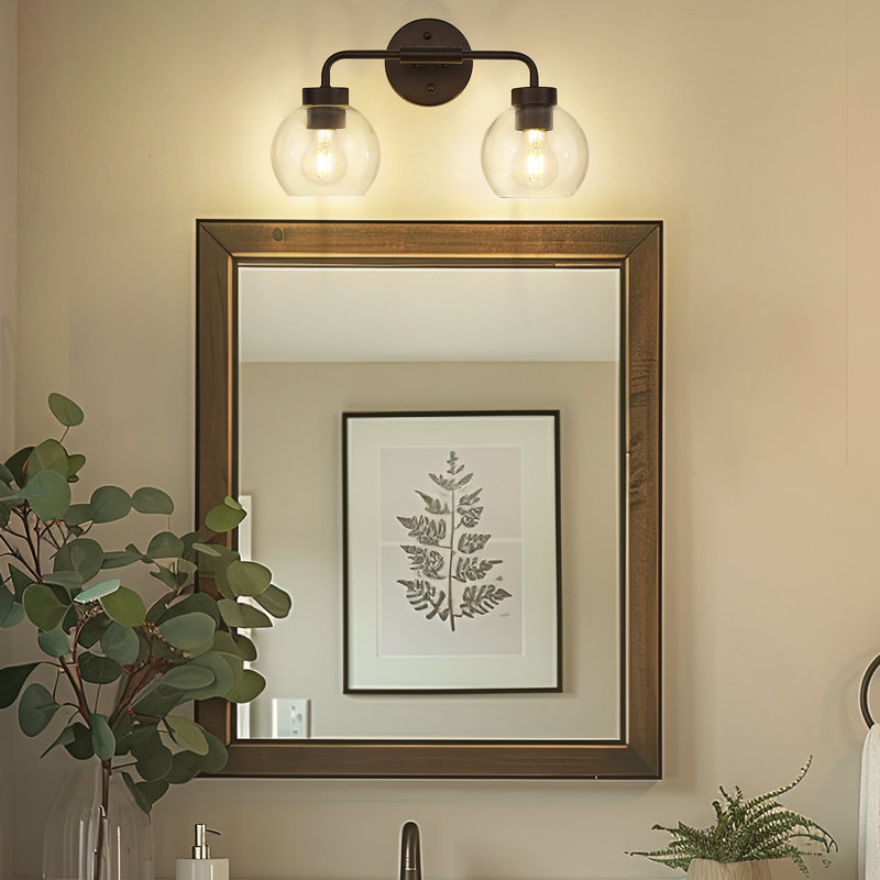 Éclairage pour meuble-lavabo campagnard 2 lumières 16 pouces, abat-jour globe en verre transparent, bronze huilé, 2 lumières