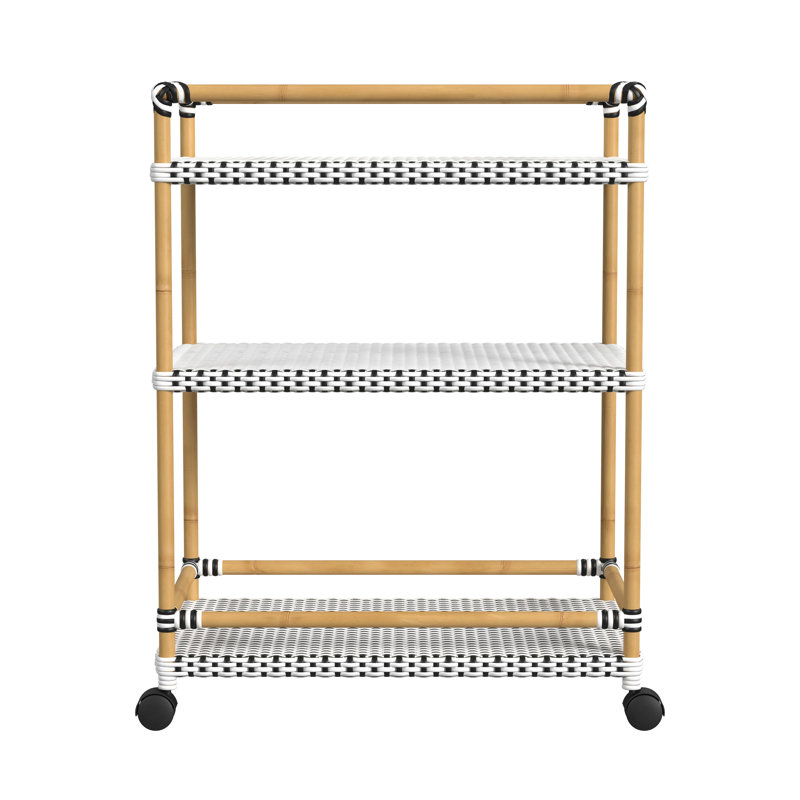 Tobias Outdoor 3- Tier Rattan and Metal Bar Cart, Black/White