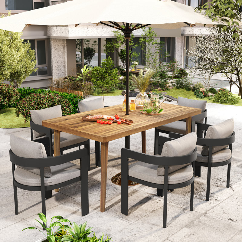 Salvador Patio 7-Piece Modern Aluminum Dining Set, Beige