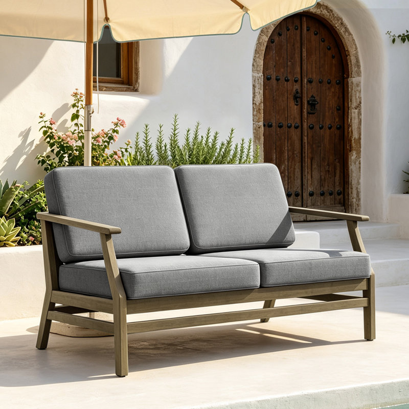 Clinkscales Solid Wood Teak Outdoor Loveseat With Cushion And Arms, Brown, Gray