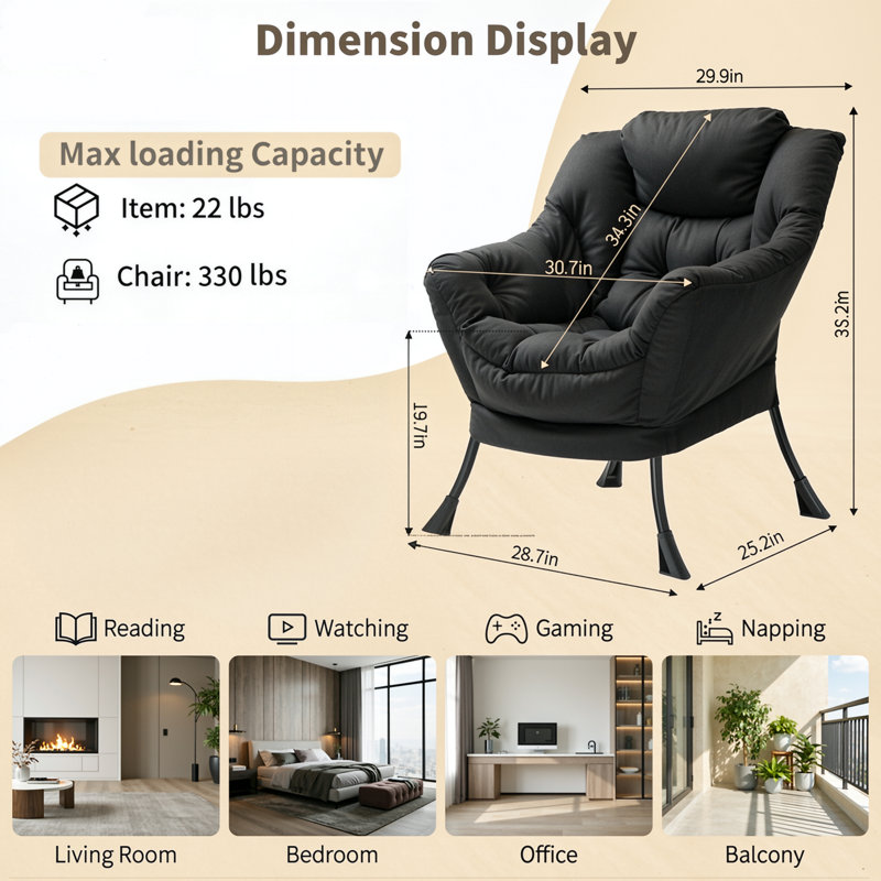 Lazy Chair, Modern Comfy Lounge Accent Chair, Large Sofa Armchair With A Side Pocket, Leisure Reading Chair For Bedroom, Living Room, Dorm, Black