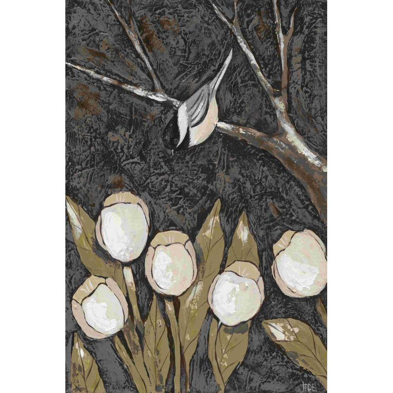 Mésange et tulipes II, H 18 po x l 12 po