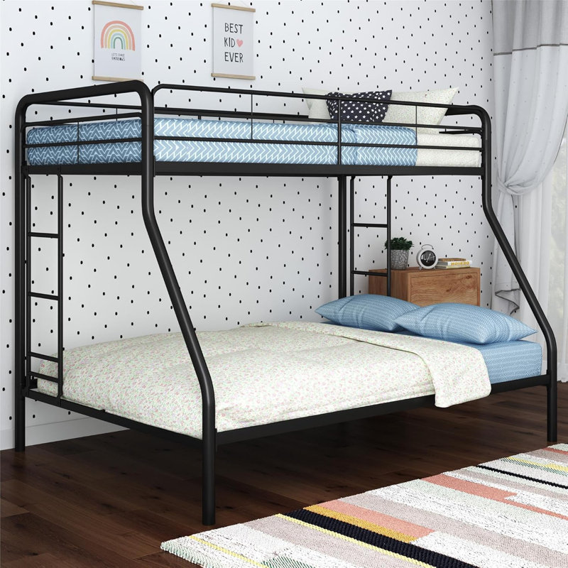 Metal Bunk Bed Frame for Kids, Teens, and Adults, With Angled Ladder, High Full Length Guardrail, Smooth Rounded Edges, No Boxspring Required, For Small Spaces, Twin-Over-Full, Black