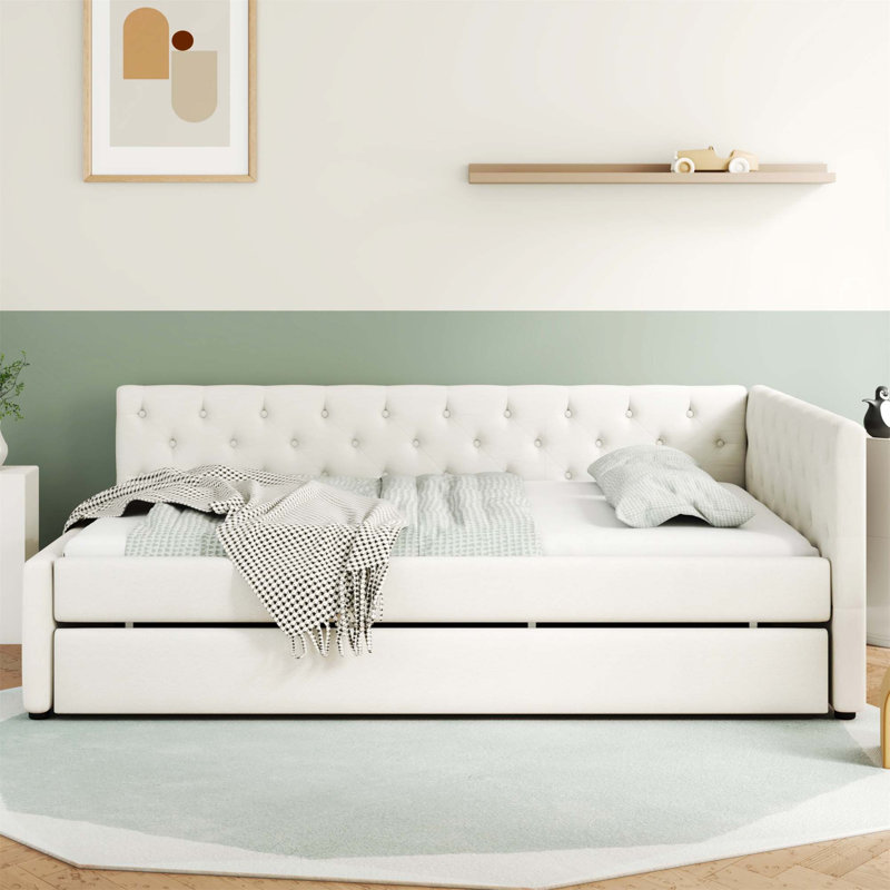 Lit plateforme capitonné en lin avec lit gigogne simple TG, Beige