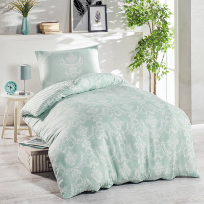 Ensemble de housse de couette simple, vert et blanc, 55,1 po x 78,7 po | 65% coton / 35% polyester, lavable à la machine | Comprend une fermeture à boutons pour la couette et une enveloppe pour la taie d'oreiller, une literie douce et élégante pour un usage quotidien