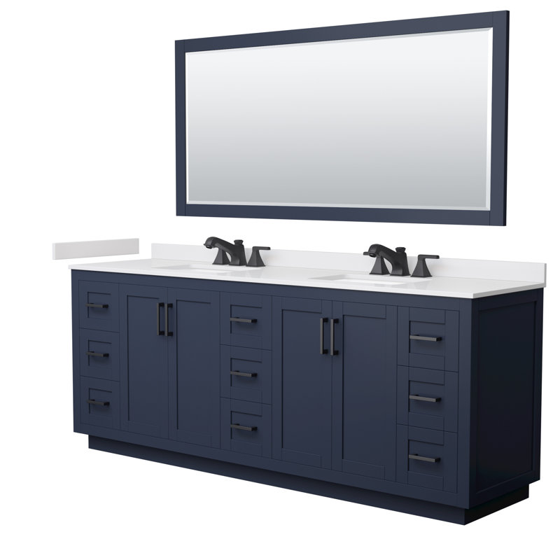 Ensemble de meuble-lavabo double autoportant avec comptoir 84 po Miranda, Marbre de culture blanc, Noir mat