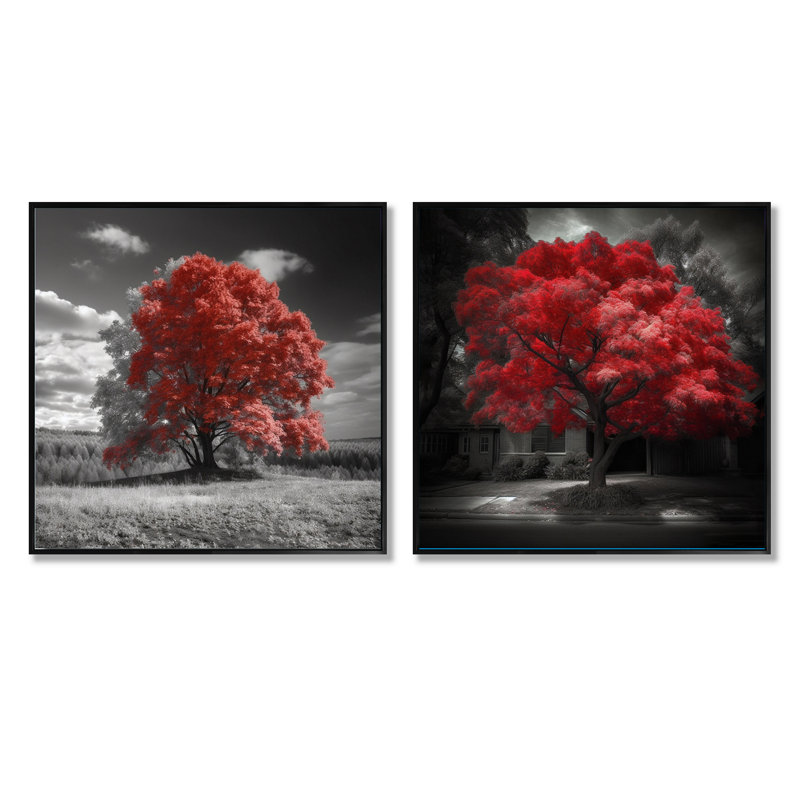 Red Tree Blossom Haven - Ensemble de 2 collages carrés à motif floral, Cadre flottant noir, H 16 po x l 33 po