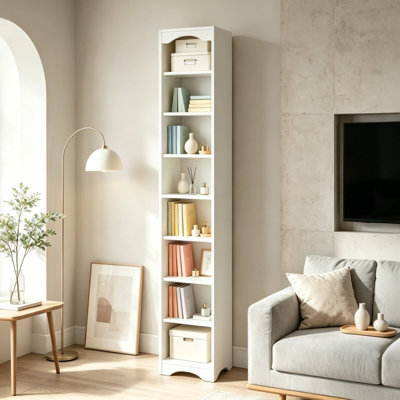 Bibliothèque d'angle à 8 niveaux, grande bibliothèque étroite blanche pour petits espaces, étagère de rangement moderne pour le salon, la chambre à coucher ou le bureau