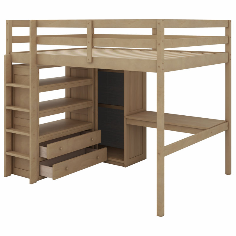 Structure de lit mezzanine en bois tout-en-un avec garde-robe intégrée, bureau de poste de travail, tablettes de rangement ouvertes et tiroirs