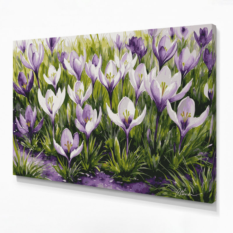 Botanical Crocuses Gray Canvas Wall Art