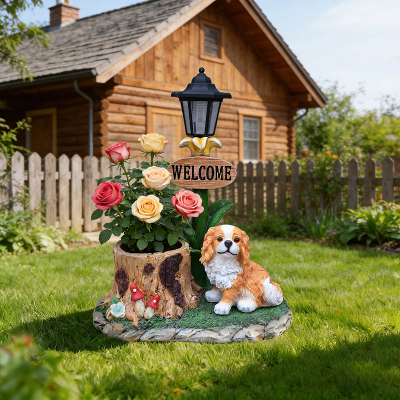 Statue de jardinière lanterne solaire chien assis