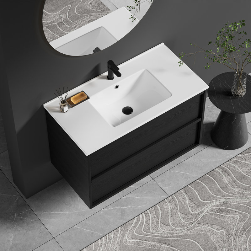 Mid-Century Modern Wall-Mounted Vanity With Soft-Close Drawers & Ceramic Sink, 35"