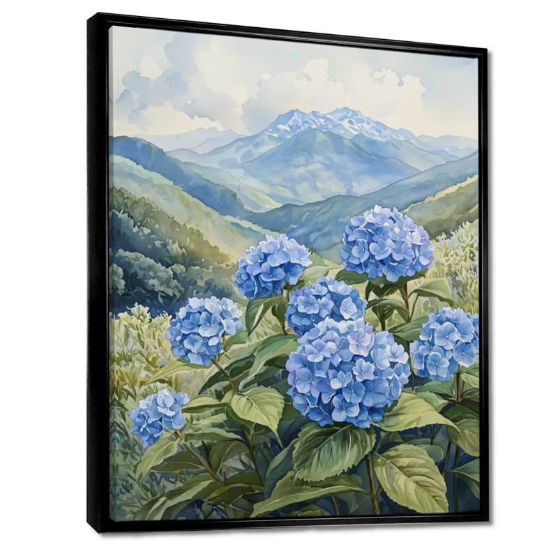 Hortensias dans la prairie de montagne I - art mural d'hortensias pour le salon, Noir, Impression encadrée flottante