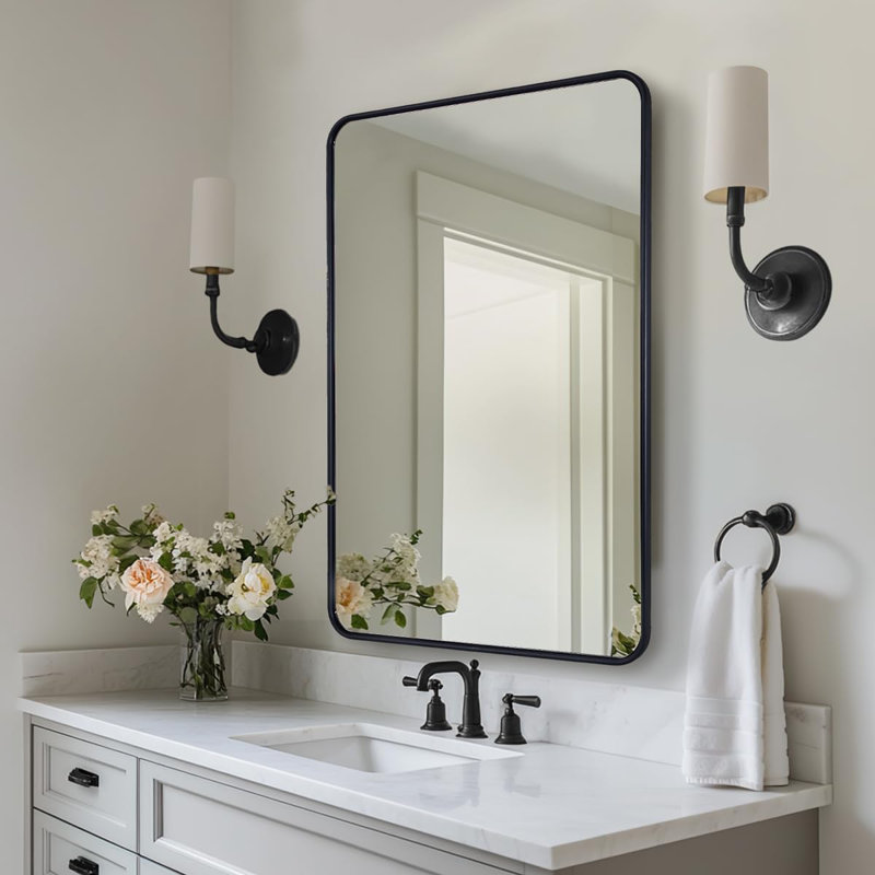 Miroir de salle de bain rectangulaire contemporain arrondi | Structure en U en aluminium, Noir mat, 36 po x 24 po