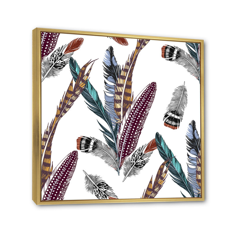 Ensemble de plumes colorées Boho V - Impression sur toile, Encadrement doré, H 36 po x l 36 po x P 1,5 po