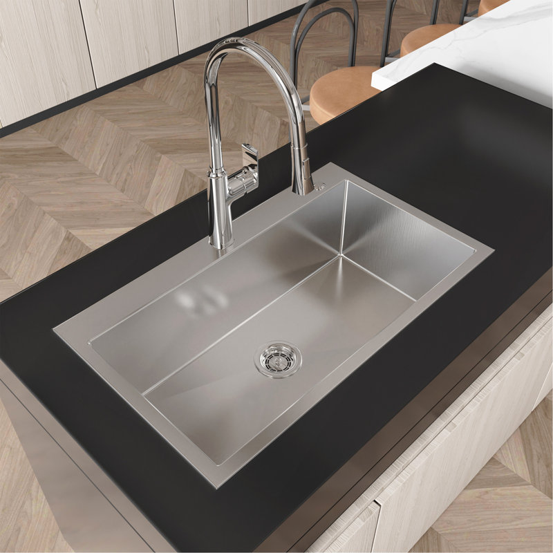 Évier de cuisine en acier inoxydable, lavabo simple sur pied en nickel brossé 32 po x 19 po, avec drain et crochet standard américain, LS-SSBR02
